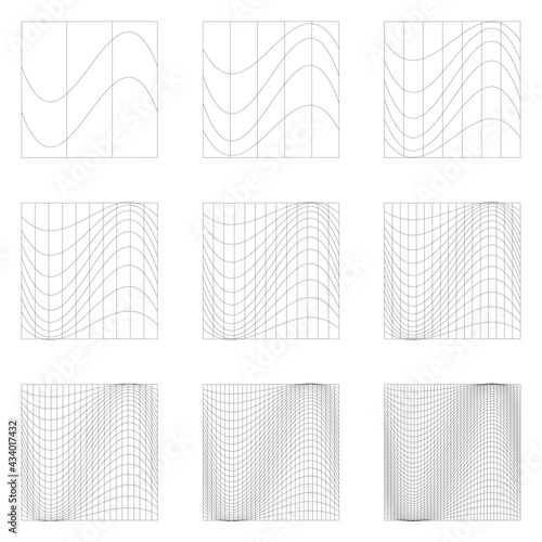 Grid, mesh, lattice, grating with distort, deform effect. Distortion, deformation array of lines