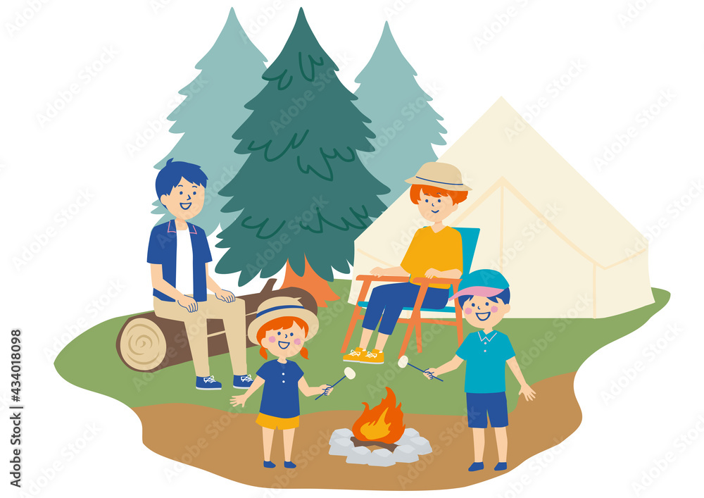 キャンプ場で焚火を囲む家族のイラスト Stock Vector Adobe Stock