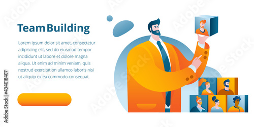 A Manager in a business suit builds a team. Concept of a vector illustration on the theme of team building and human resource management. Template for a horizontal banner.
