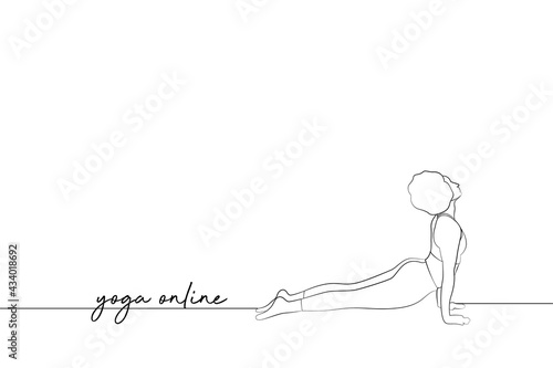 Yoga online lettering. Web banner with woman illustration. Simple yoga background.One continuous line drawing
