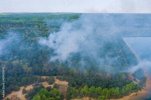 Aerial view of forest fire in spring fire in the forest
