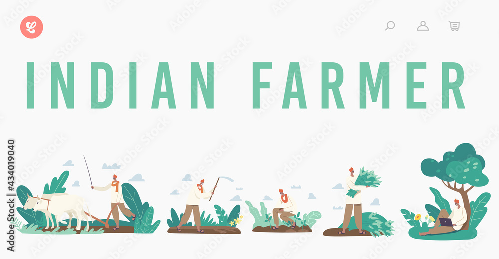 Indian Farmer Landing Page Template. Rural Men in Traditional Clothes Plowing Field by Cow, Planting and Harvesting