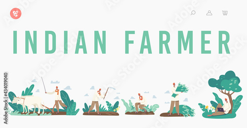 Indian Farmer Landing Page Template. Rural Men in Traditional Clothes Plowing Field by Cow, Planting and Harvesting