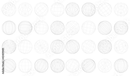 Wireframe, grid, mesh sphere set of 32 pieces