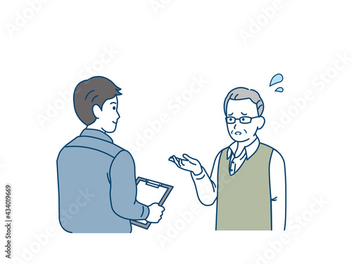 業者に相談する年配の男性　出張相談　困る　悩み　イラスト素材