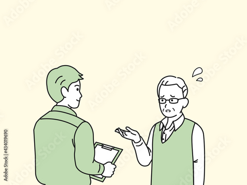 業者に相談する年配の男性　出張相談　困る　悩み　イラスト素材