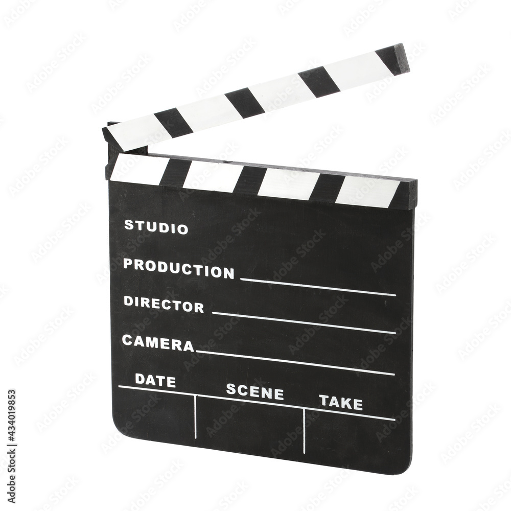 Classic hollywood chalk clapperboard angled right open isolated on a white background with clipping path