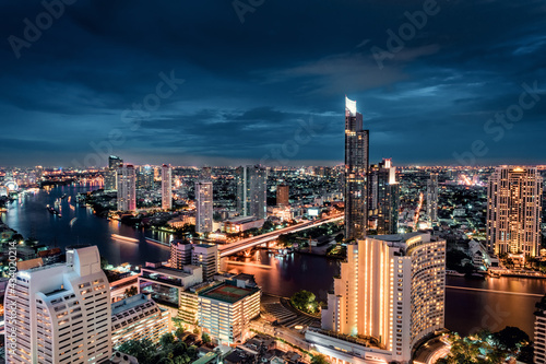 Bangkok City Aerial View and Skyscraper Cityscape of Thailand, Night Scenery View Business Downtown and Fianancial District of Thailand. Landscape Urban Skyscrapers Building of Bangkok Capital City