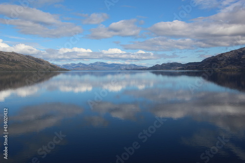 Reflections in the Chilean fjords, southern Chile, South America.
