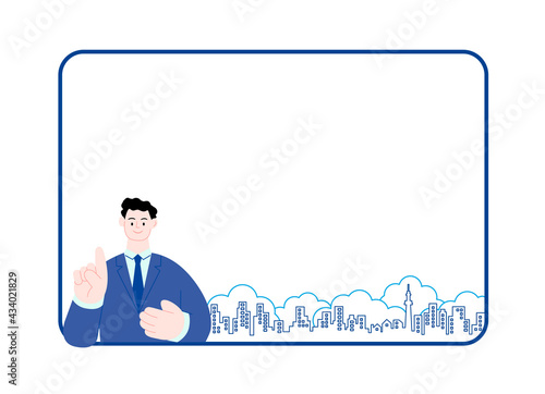 掲示／張り紙／Businessman／説明をするスーツ姿のビジネスマン／街並みイラスト