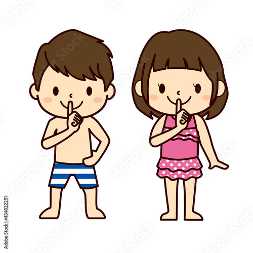 指を立てて静かにの合図をする水着の子ども（男の子・女の子）