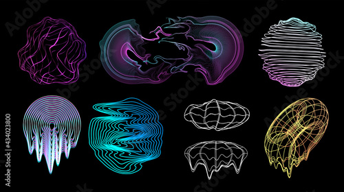 Trendy retrofuturistic shapes, circle, abstract, glitch and liquids forms. Memphis elements in 80s-90s. Holographic illuminated shapes for merch, t-shirt. Vaporwave and synthwave glitch and liquid set