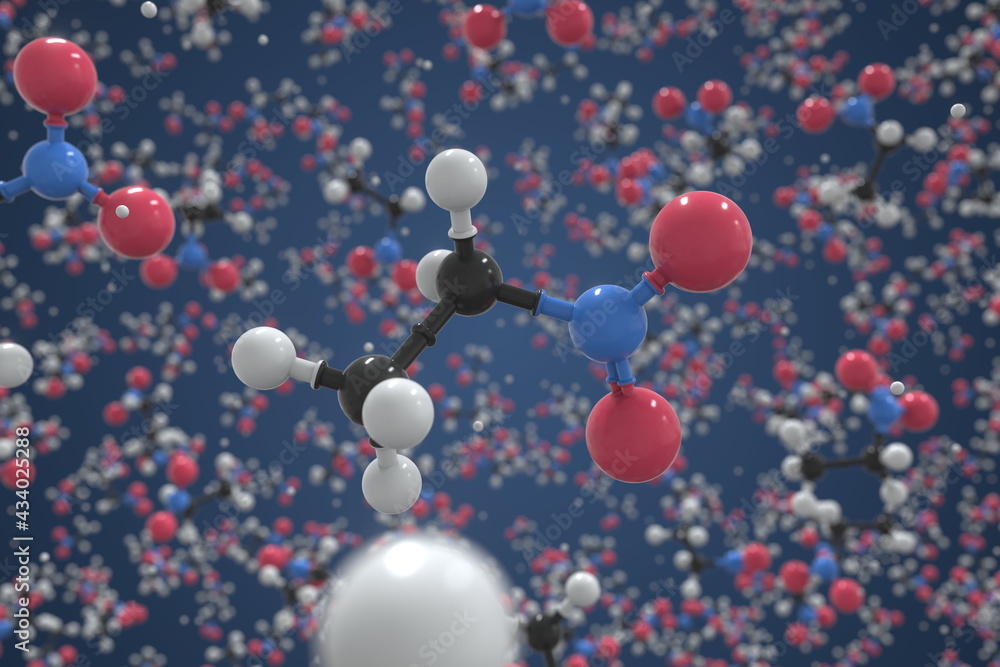 Nitroethane molecule made with balls, scientific molecular model. Chemical 3d rendering Nitroethane molecule made with balls, scientific molecular model. Chemical 3d rendering