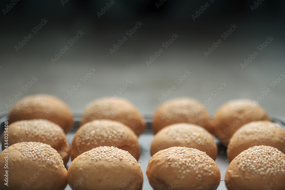 many burger bread buns topping with sesame seeds lay on the oven tray with empty graduated dark shadow background empty black copy space