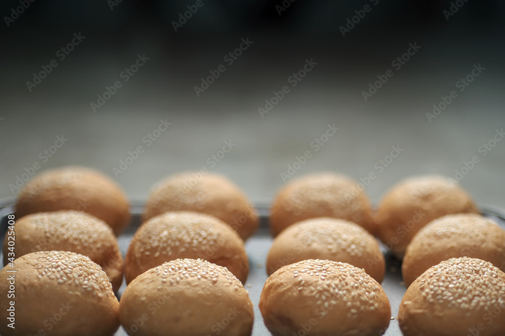 many burger bread buns topping with sesame seeds lay on the oven tray with empty graduated dark shadow background empty black copy space many burger bread buns topping with sesame seeds lay on the oven tray with empty graduated dark shadow background empty black copy space