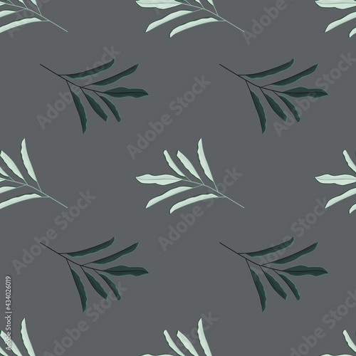 Abstract nature seamless pattern with herbal simple leaf branches shapes. Grey background. Floral backdrop.