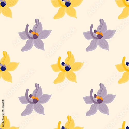 Exotic style nature seamless pattern with purple and yellow orchid flowers shapes. Pastel beige background. © smth.design
