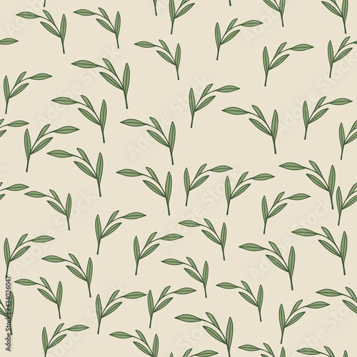 Decorative seamless pattern with little green random leaf branches ornament. Grey background. Simple print.