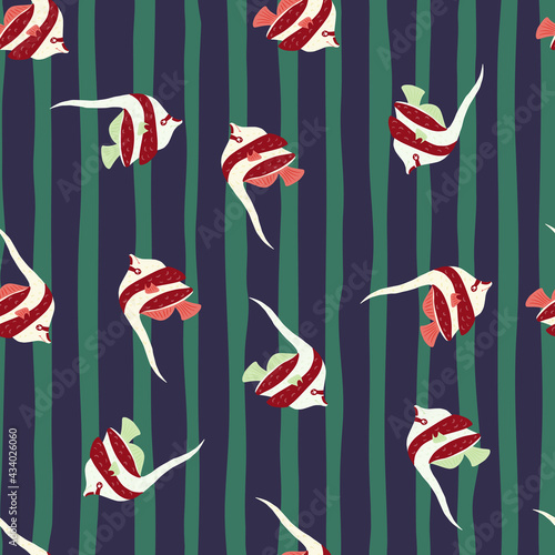 Nature seamless pattern with random decorative imperial angelfish print. Blue and green striped background.