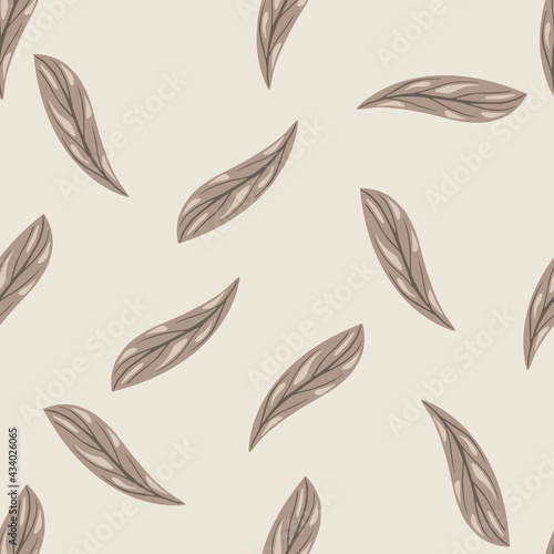 Scrapbook nature seamless pattern with random grey simple doodle leaves shapes. Light background.