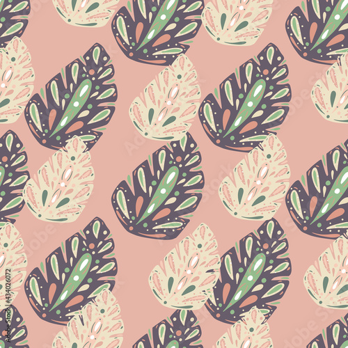 Decorative nature seamless pattern with pink and purple folk monstera print. Pink background.