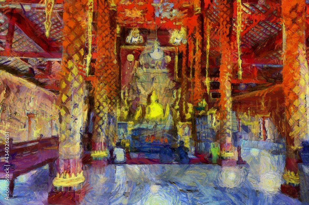 Fototapeta premium Ancient temples, art and architecture in the northern Thai style Illustrations creates an impressionist style of painting.