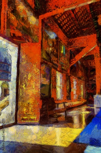 Ancient temples, art and architecture in the northern Thai style Illustrations creates an impressionist style of painting.