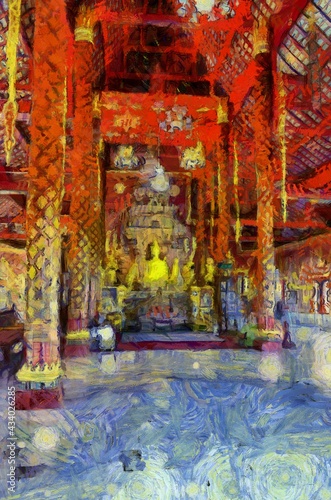 Ancient temples, art and architecture in the northern Thai style Illustrations creates an impressionist style of painting.