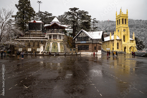 beautiful view of shimla city and mall road after snowfall.