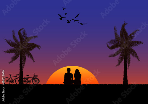 graphics drawing couple boy and girl sit with palm and bike and sunset or sunrise background vector illustration concept romantic © piyaphunjun