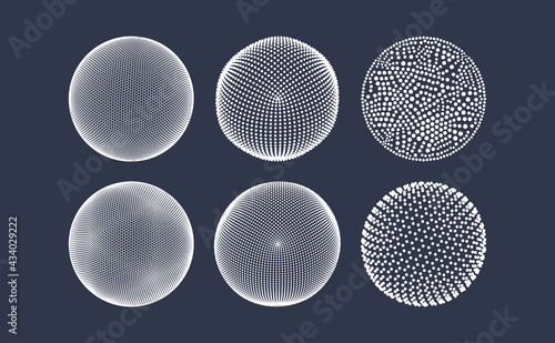 Spheres consisting of points. Global digital connections. Technology concept. Array with dynamic particles. 3D grid design. Vector illustration for science and technology.
