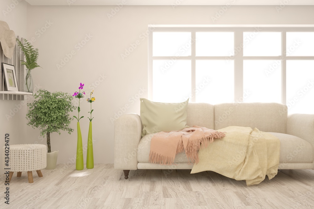 Fototapeta premium White living room with sofa. Scandinavian interior design. 3D illustration