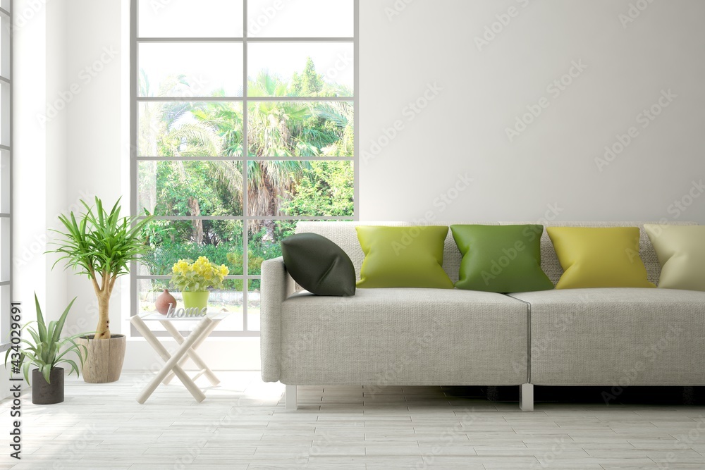 Fototapeta premium White living room with sofa and summer landscape in window. Scandinavian interior design. 3D illustration