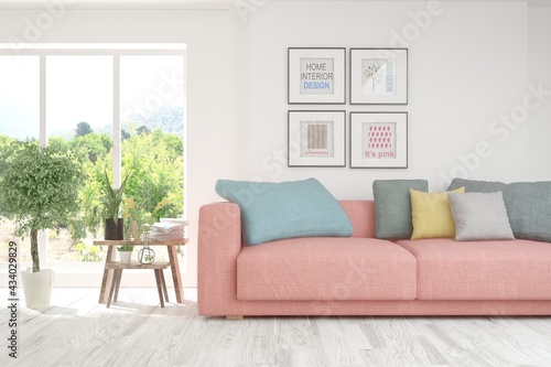 White living room with sofa. Scandinavian interior design. 3D illustration