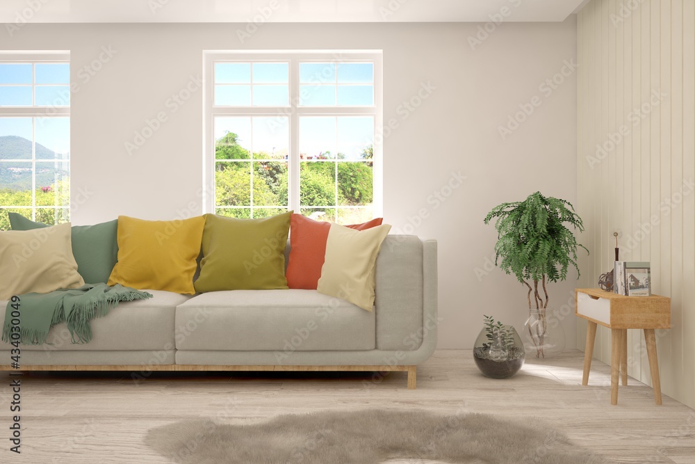 Fototapeta premium White living room with sofa and summer landscape in window. Scandinavian interior design. 3D illustration