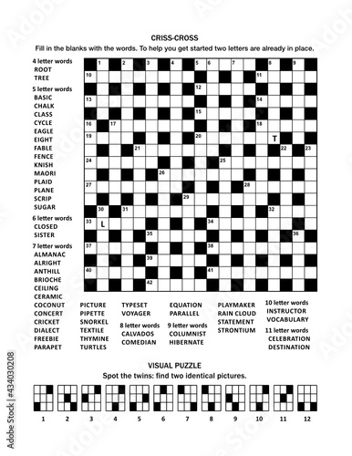 Puzzle page with 19x19 criss-cross (fill-in) crossword word game (English language) and abstract visual puzzle: Spot the twins: find two identical pictures.
