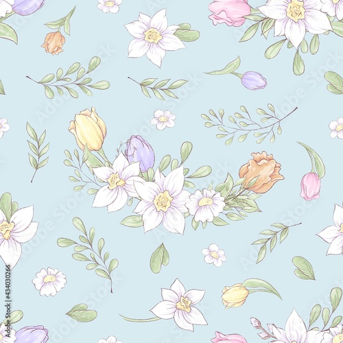 Seamless pattern of spring beautiful flowers daffodils and tulips