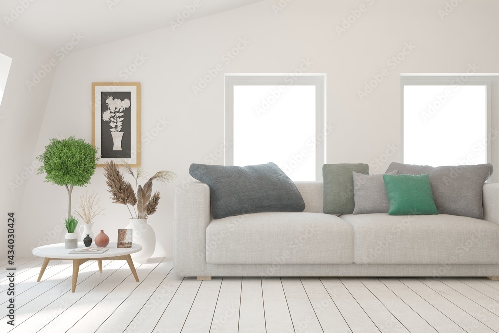 Fototapeta premium White living room with sofa. Scandinavian interior design. 3D illustration