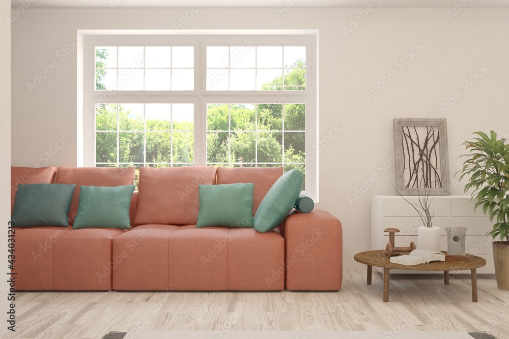 Fototapeta premium White living room with sofa and summer landscape in window. Scandinavian interior design. 3D illustration