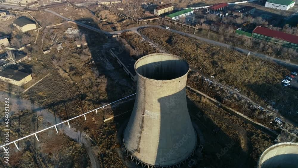 Aerial view on the Power station. Cooling tower of nuclear power plant no work Aerial view on the Power station. Cooling tower of nuclear power plant no work