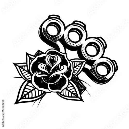 Illustration of brass knuckle with roses. Design element for logo, label, sign, emblem. Vector illustration
