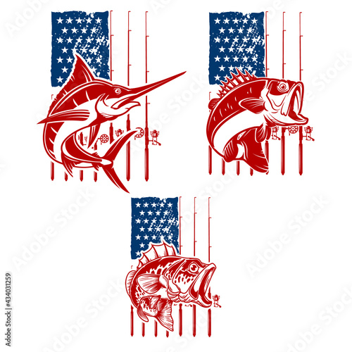 Fishing club. Bass fish and swordfish on american flag background. Design element for t shirt, poster, card, banner. Vector illustration