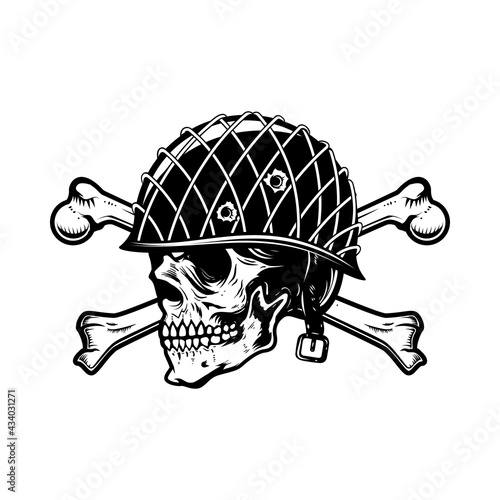 Illustration of soldier skull in military helmet with crossed bones. Design element for logo, label, sign, emblem. Vector illustration