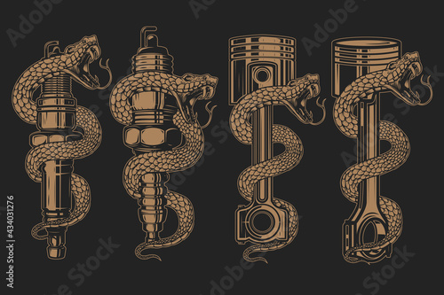 Illustrations of snake on car piston, car spark plug. Design element for poster, card, banner, sign. Vector illustration
