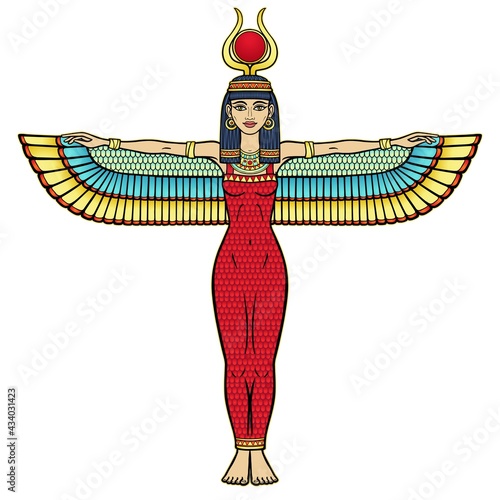Animation color portrait: Egyptian winged goddess Isis with horns and a sun disk on her head. Full growth. Vector illustration isolated on a white background. Print, poster, t-shirt, tattoo. photo