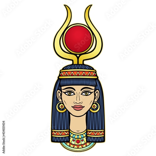 Animation portrait of beautiful Egyptian woman in ancient hairstyle, with horns and a of disk on her head. Goddess Isis. Vector illustration isolated on a white background. Print, poster, t-shirt