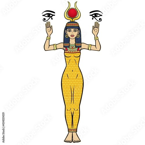 Animation color portrait: Egyptian goddess Isis with horns and sun disk on her head holds sacred symbols of the eye Horus. Full growth. Vector illustration isolated on a white background.