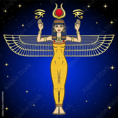 Animation color portrait: Egyptian goddess Isis with horns and sun disk on her head holds sacred symbols of the eye Horus. Full growth. Vector illustration. Background - night star sky. 