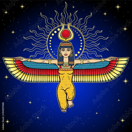 Animation color portrait: sitting winged goddess Isis with horns In glow of the sun. Background - night star sky. Vector illustration. Print, poster, t-shirt, tattoo.