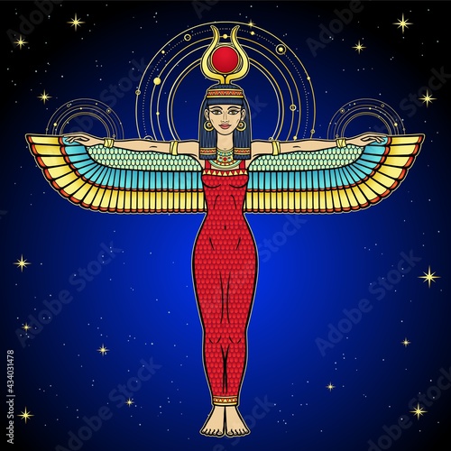 Animation color portrait: Egyptian winged goddess Isis with horns and a sun disk on her head. Glow of space. Full profile. Vector illustration. Background - night star sky. Print, poster